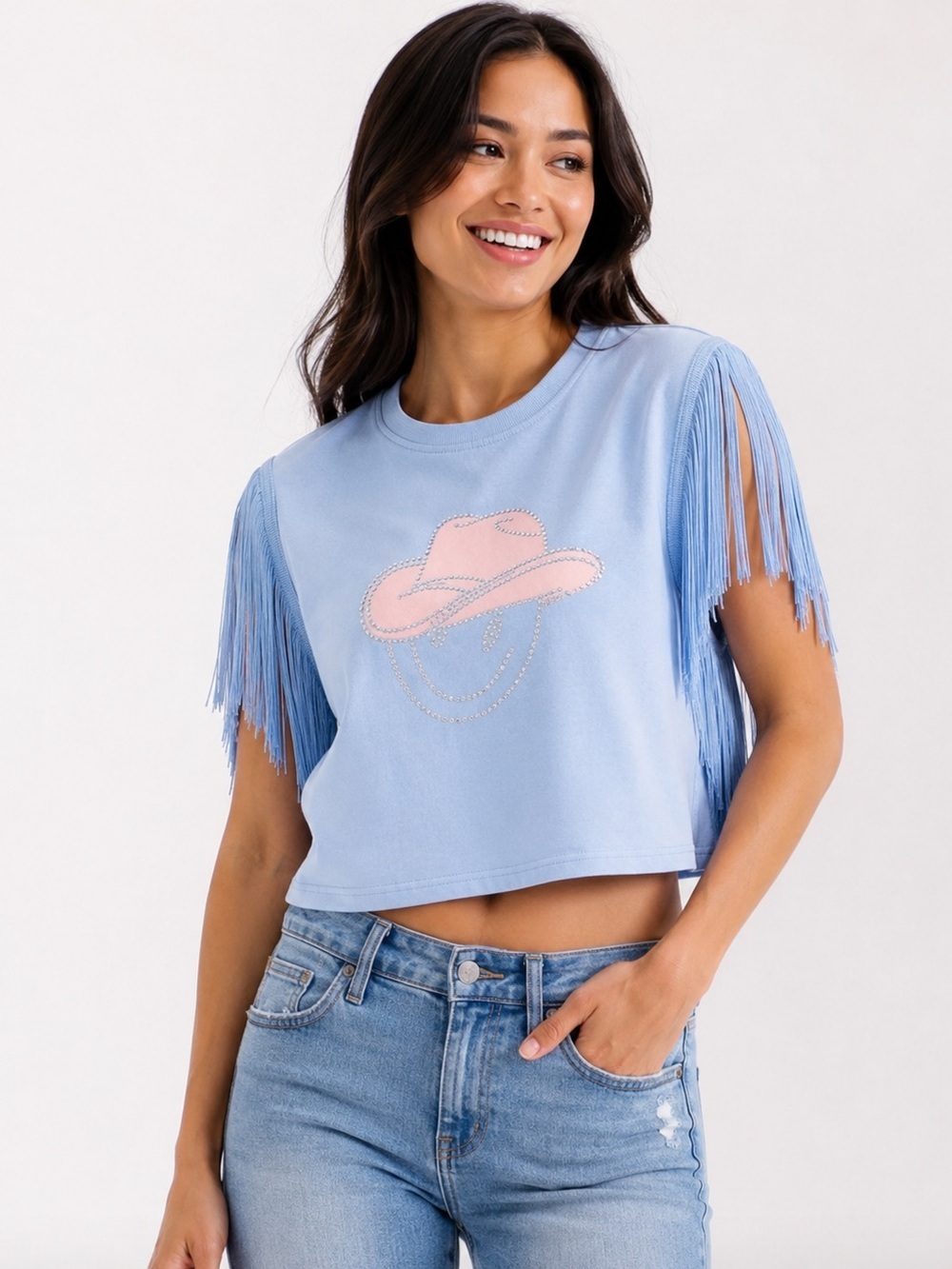 ICE BLUE WOMEN'S SHORT FRINGE SLEEVE CROP TOP GRAPHIC SHIRT SZ-SMALL